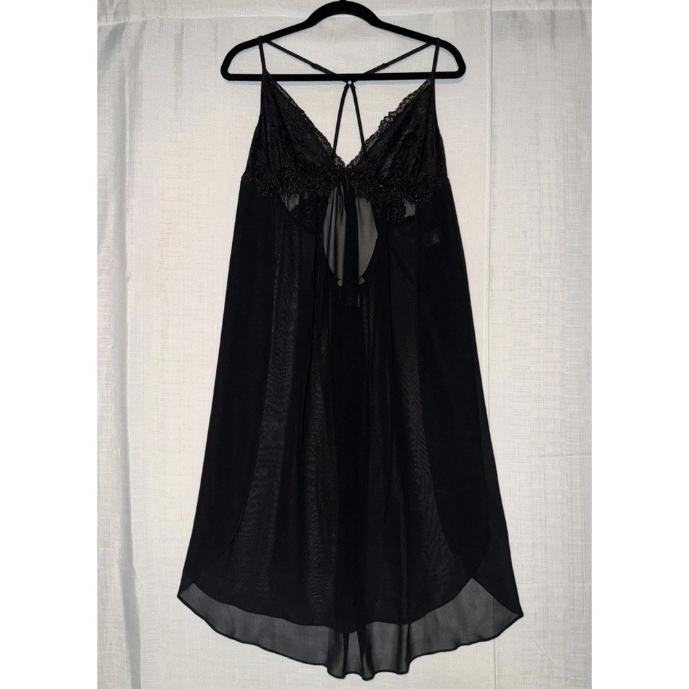 LINEA DONATELLA SHEER Black Floral Bead & LACE TRIM NIGHTGOWN Slip Dress Size XL